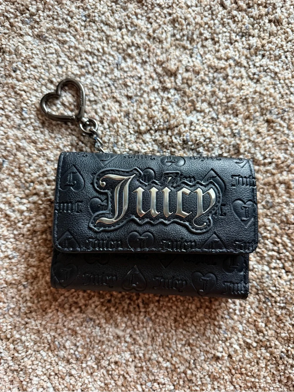 Juicy Couture Black Embossed Heart Wallet Keychain Card Case Silver Hardware